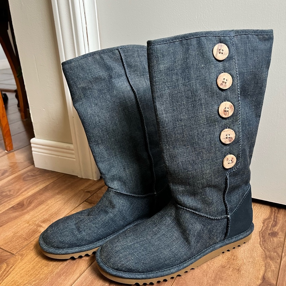 UGG (Never Worn) Blue Denim Boots with Tan Soles